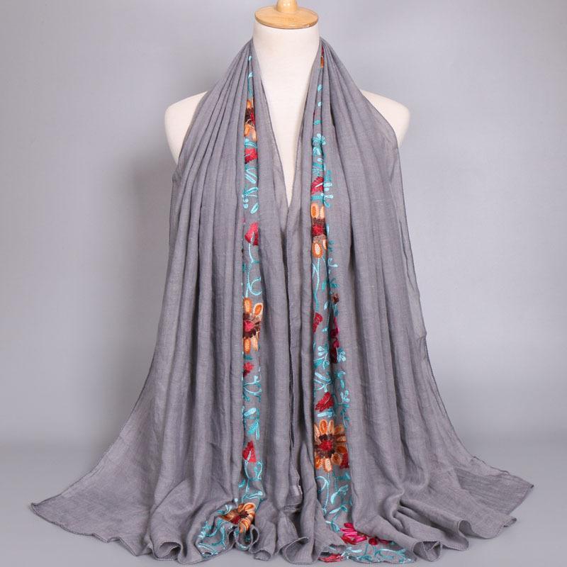 Autumn Fashion Embroider Viscose Scarf Women Plain Stitch Cotton Scarves Shawl Navy Blue Flower Sjaal Muslim Hijab Foulards