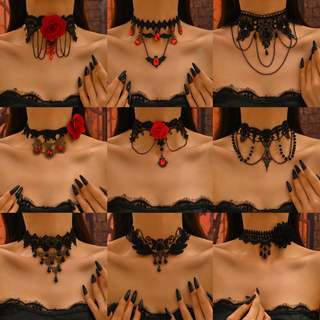 Vintage style dark red rose long fringed necklace goth black lace collarbone chain collar