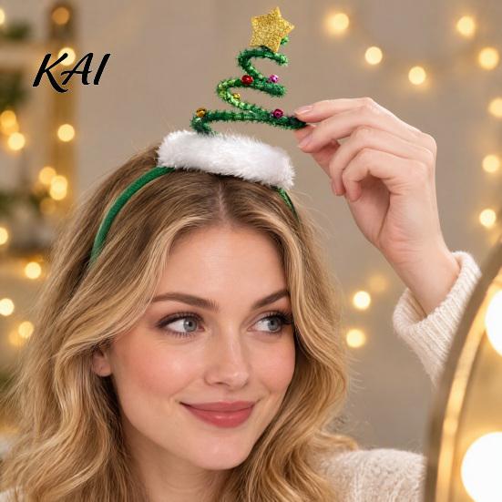 Adjustable Christmas Hair Decor Spiral Tree Headband with Bells Star Pom Pom, Family Gathering Festive Headwear Hoop, Glitter Holiday Costume for Xmas