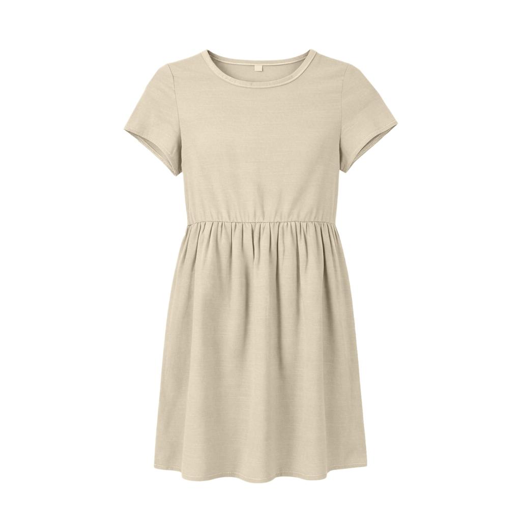 Girls Short Sleeve Dress Casual Loose Fit Breathable Cotton Linen Blend Summer Dress with Gathered Waist and Round Neck for Daily Wear