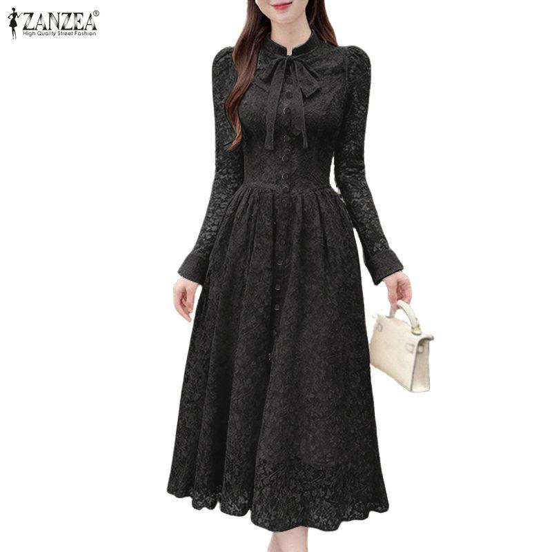ZANZEA Women Elegant Lace Patchwork Casual Stand Collar Long Sleeve Dress