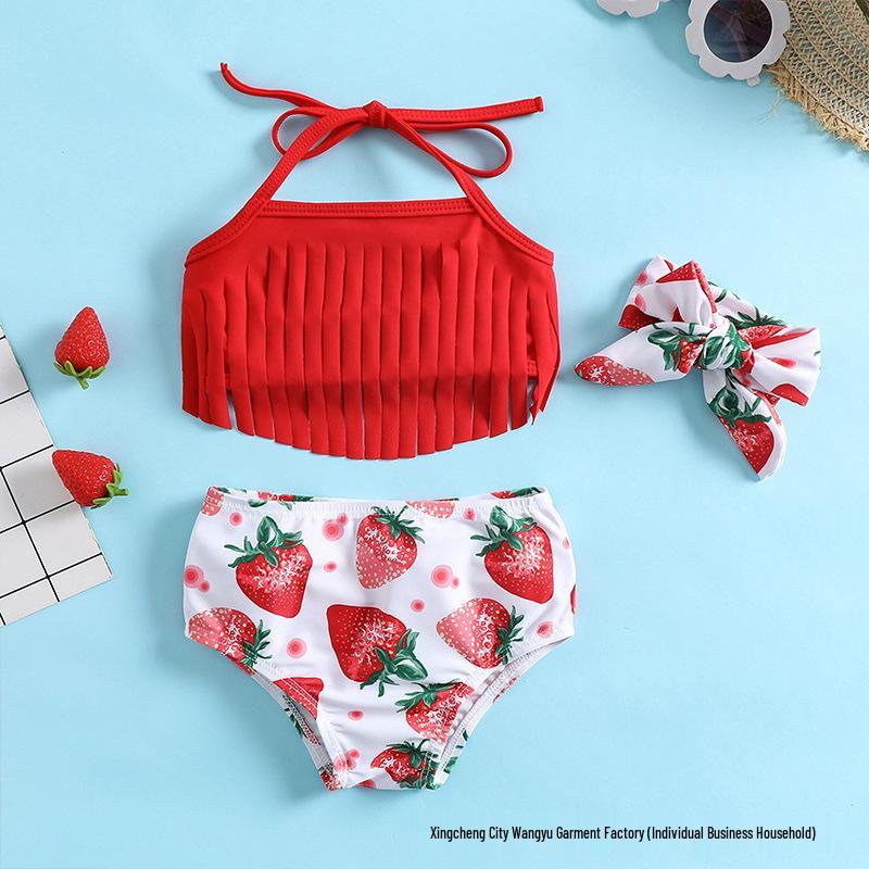 2024 Summer Girls' Baby 3-Piece Tassel Halter Sports Swimsuit Set