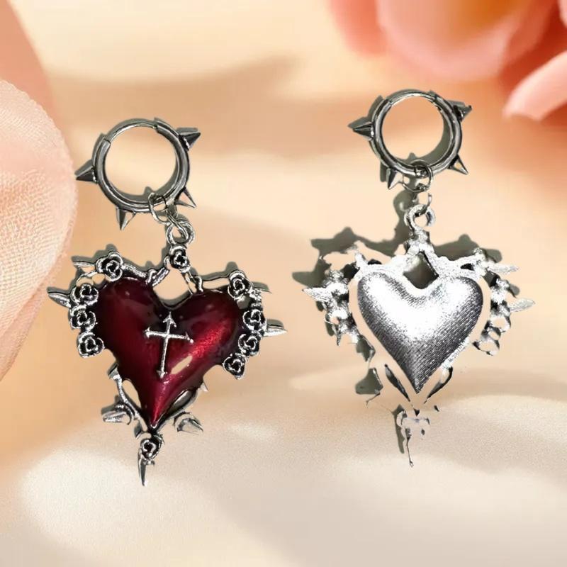 Retro Gothic Jewelry: Drip Oil Rose Charms with Thorns Heart Cross Earrings for Women