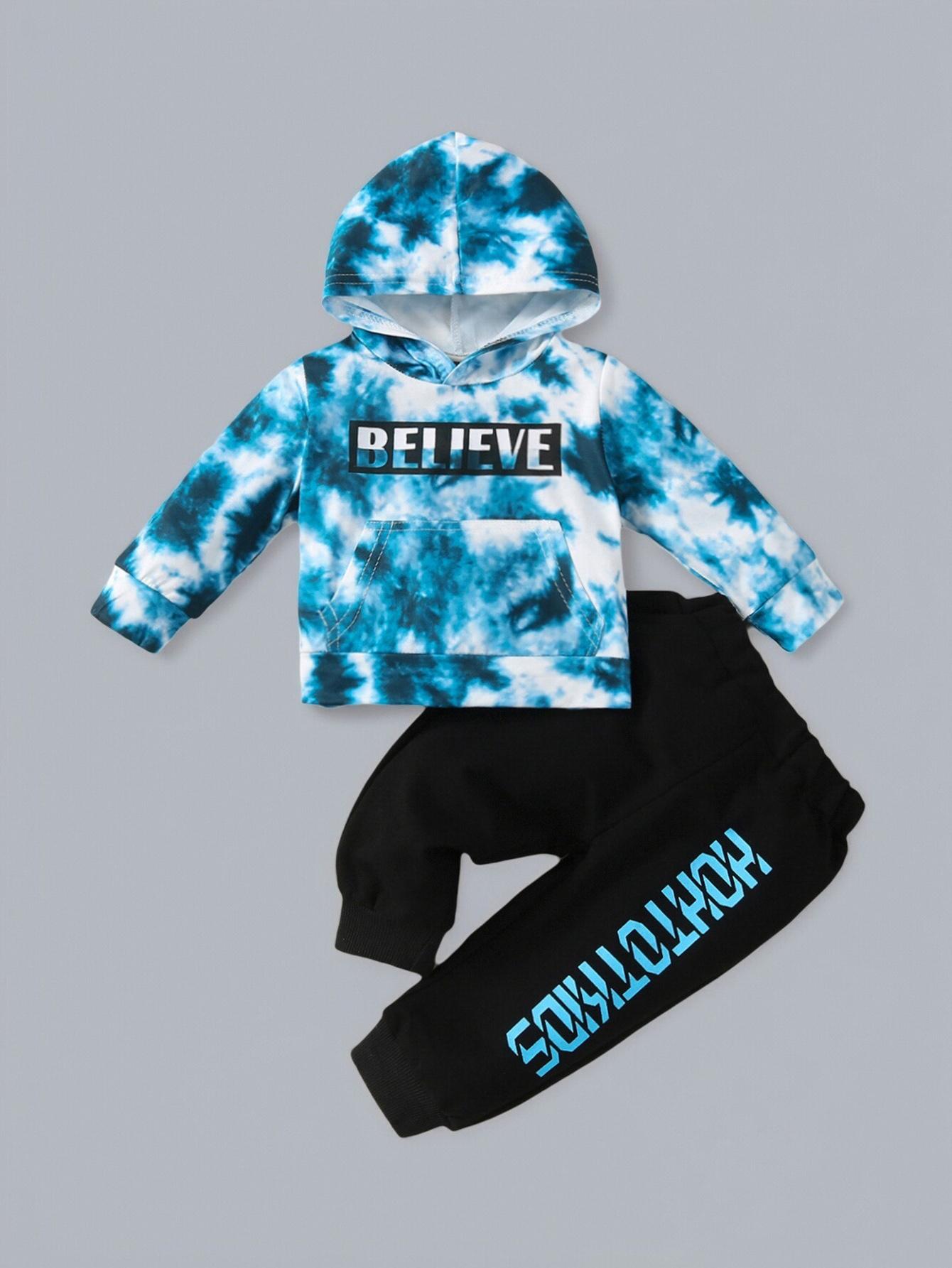 Baby boy fashion cute hooded blue and white tie dye hoodie and pants set suitable for children under two years old 68 синий