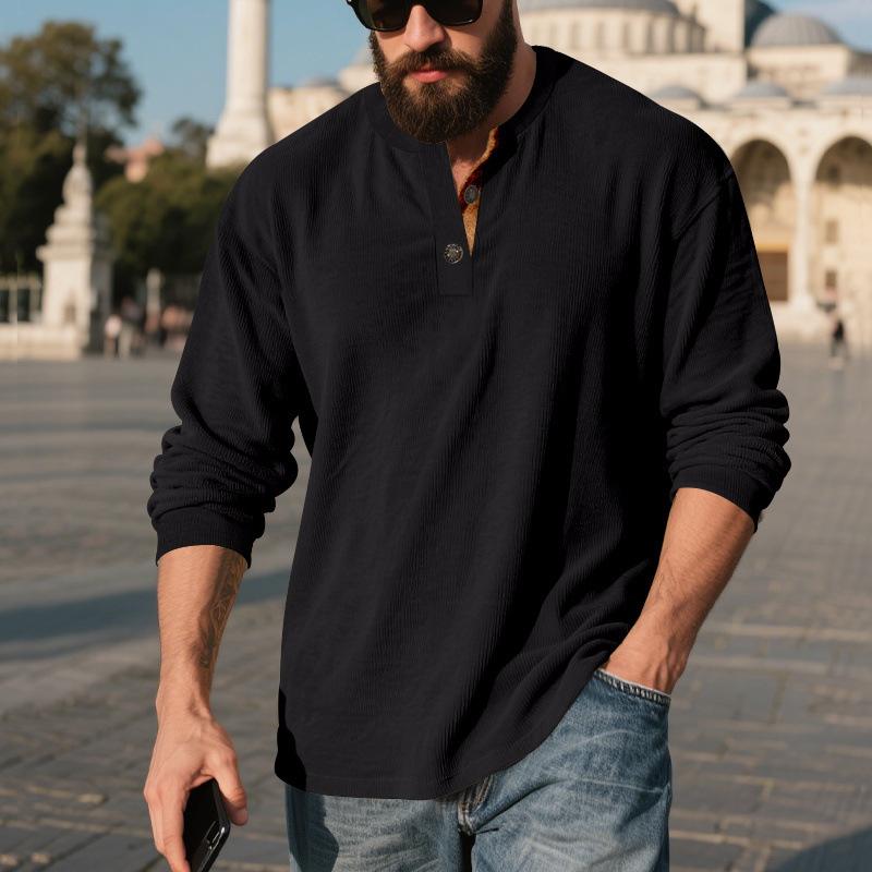 

Американская свободная ретро мужская весенне-осенняя вельветовая простая повседневная футболка-хенли с длинным рукавом S чёрный