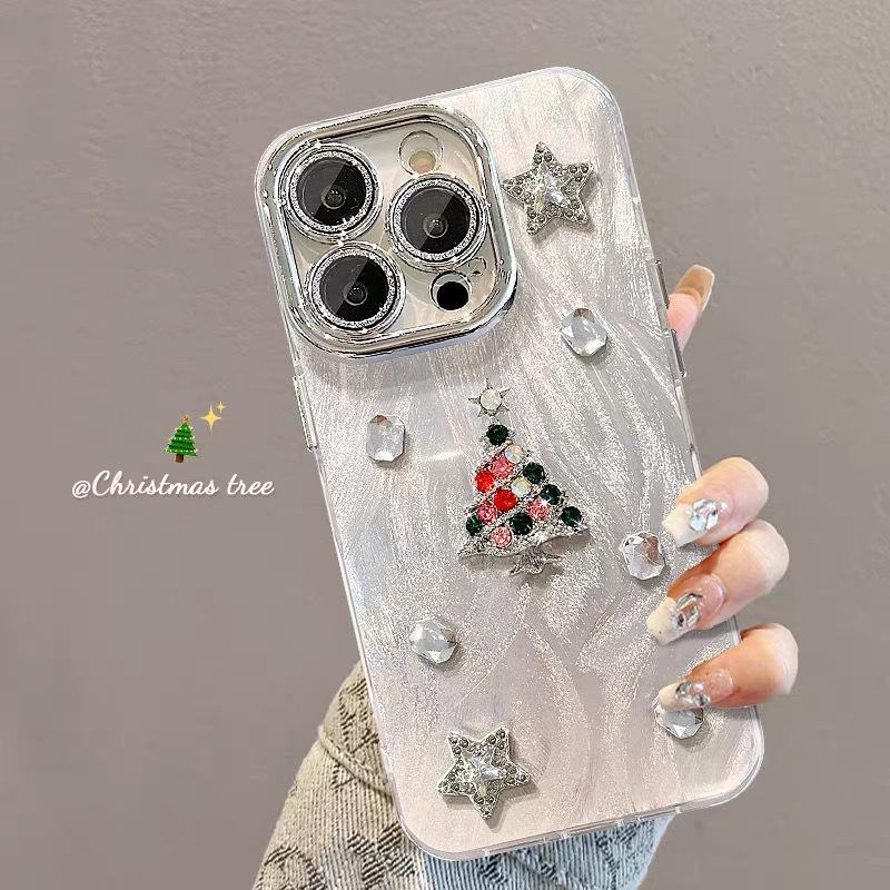 Flash Diamond Three-dimensional Christmas Tree Mobile Phone Case for Apple 17promax Feather Yarn Ins All-inclusive 16pro High-end Sense 14