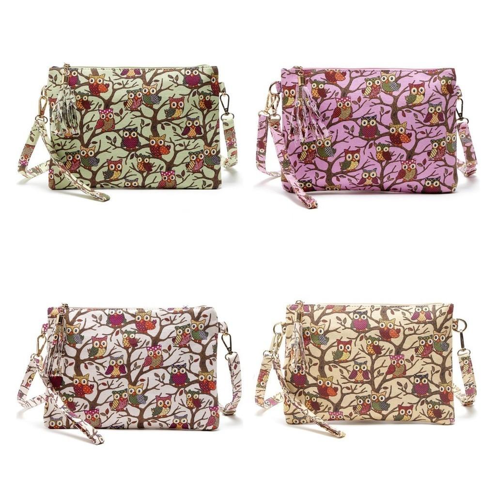 Cartoon Owl Canvas Crossbody Bag With Tassel And Zipper For Women**