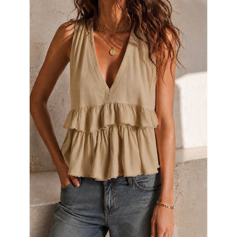 BITCED Women's Fashion Casual Solid Color Print Sleeveless V Neck Blouses & Shirts
