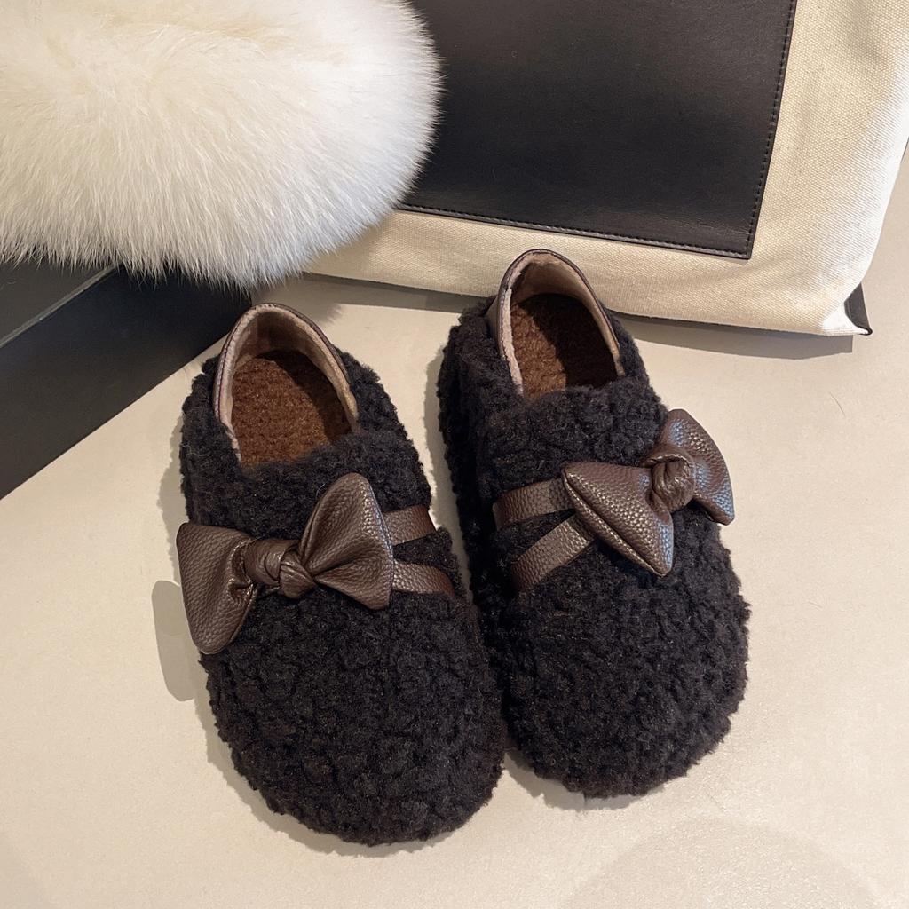 Bow outer wear fluffy cotton shoes women's shoes new autumn and winter fashion flat bottom velvet two wear snow boots