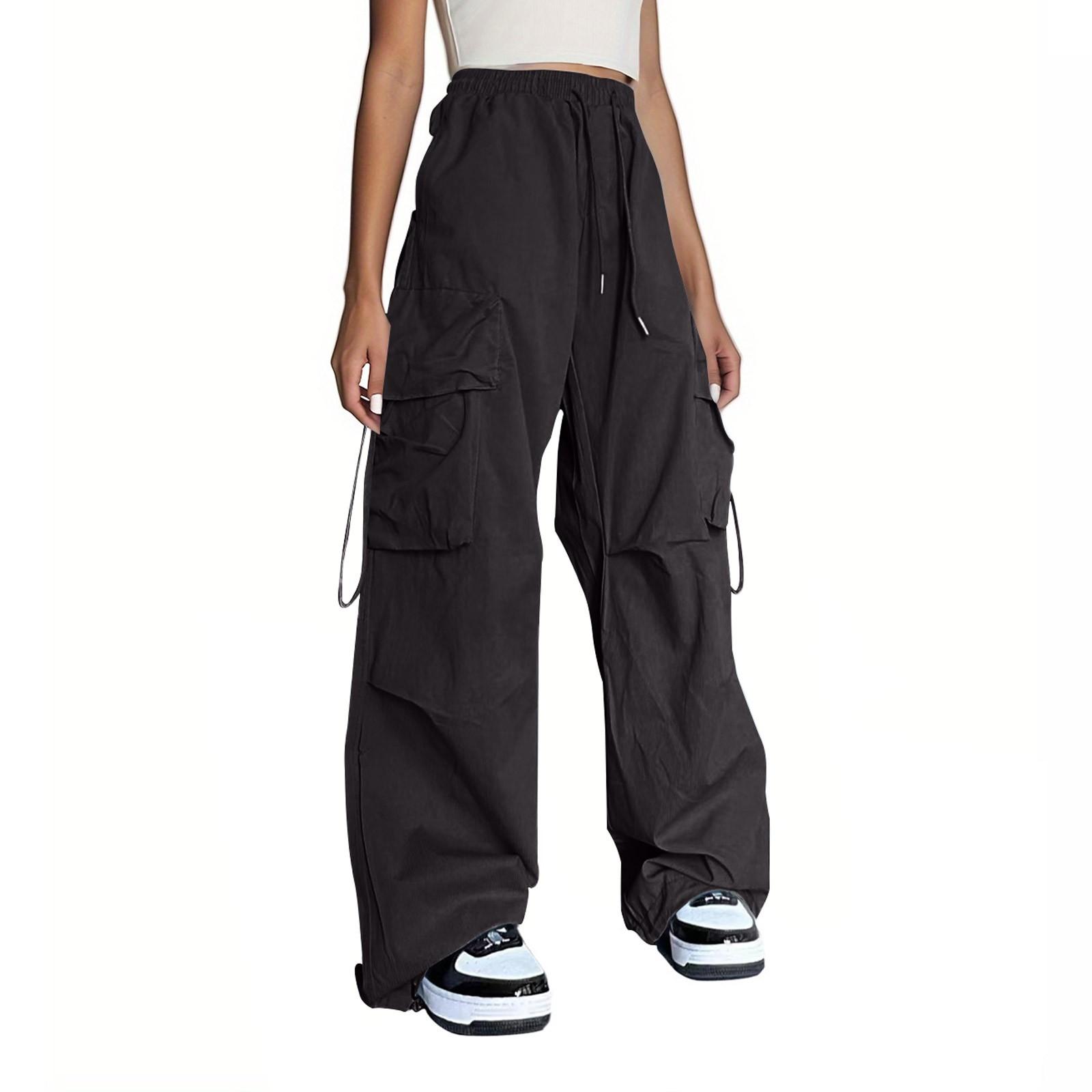 

20/5000 Женские модные повседневные брюки-карго с широкими штанинами и высокой талией, многокарманные брюки XL чёрный