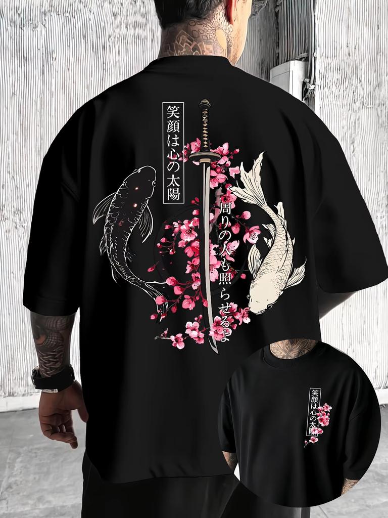 2026 New Style Mens Summer Japanese YinYang Carp Fish and Samurai Sword Pattern Loose Comfortable TShirt