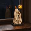 Textured Resin Halloween Statue Vintage Ghost Figurine with Glowing Pumpkin Scepter, Ornament Striped Hat LED Light, Lighted Decoration for