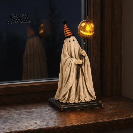 Textured Resin Halloween Statue Vintage Ghost Figurine with Glowing Pumpkin Scepter, Ornament Striped Hat LED Light, Lighted Decoration for
