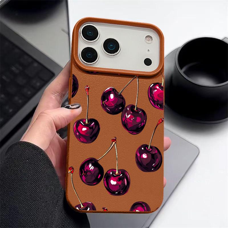 

Fruit Cherry Patterned Phone Case For iPhone 17 Pro Max 16 15 14 Pro Max 13 Pro Max 11 Shockproof Soft TPU Leather Texture Cover iPhone 15
