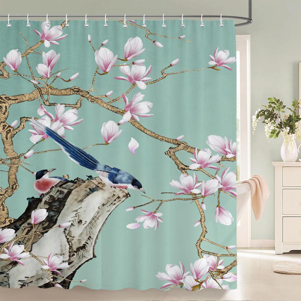 Chinese Style Flower and Birds Tree Shower Curtains Bath Curtain Waterproof Bathroom Decor With Hooks 3d Printing Bath Curtain