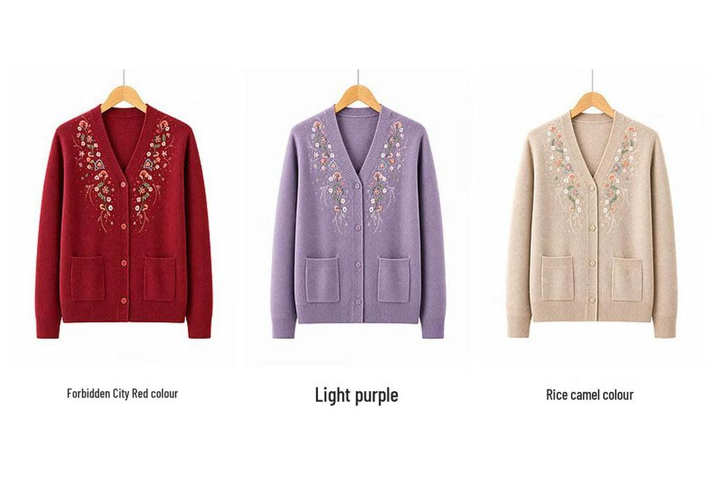 Women's V-Neck Embroidered Rhinestone Knit Cardigan for Mature Ladies