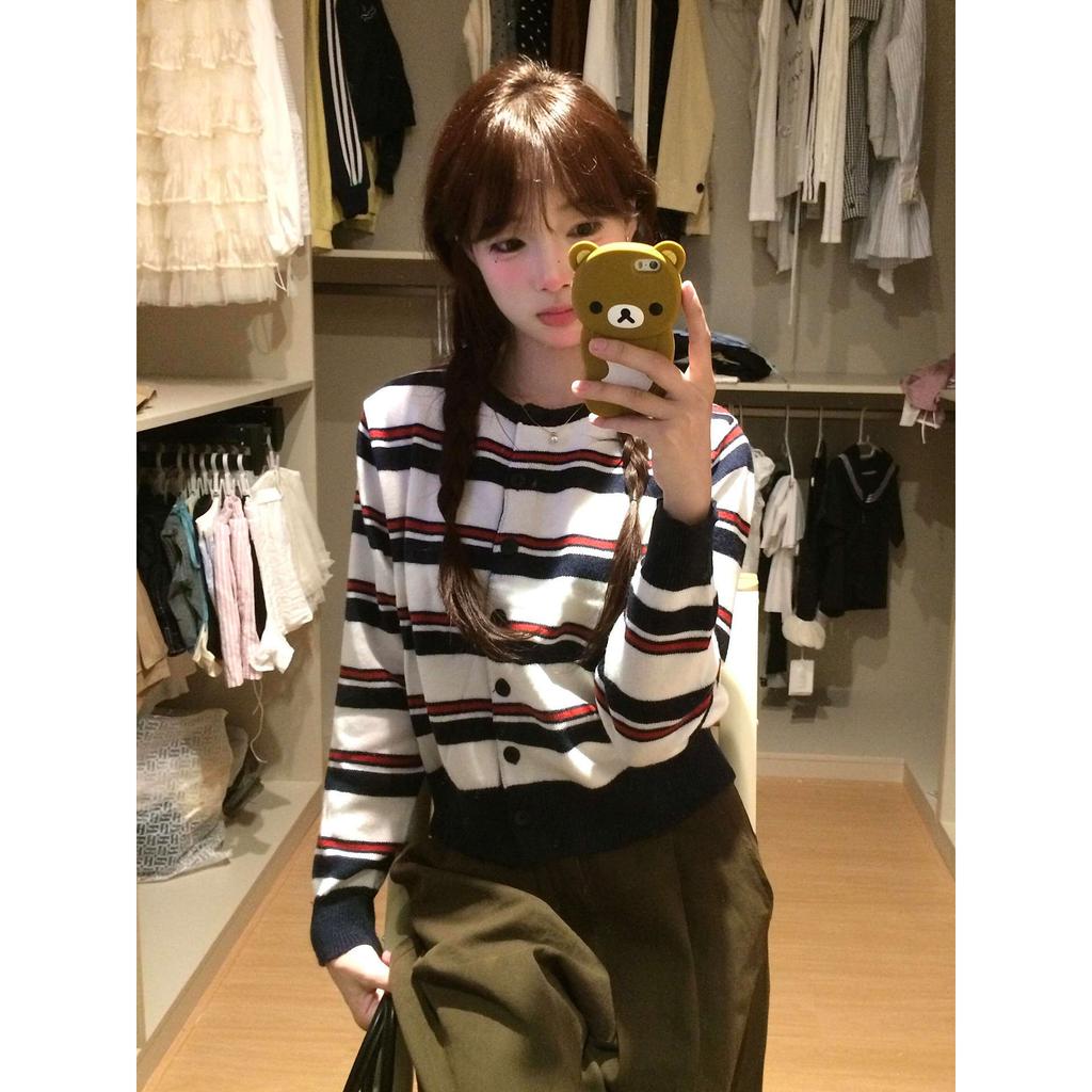 Niche Striped Contrasting Color Long-sleeved Knitted Cardigan Spring and Autumn Design Button-bottomed Shirt Inner Top Women