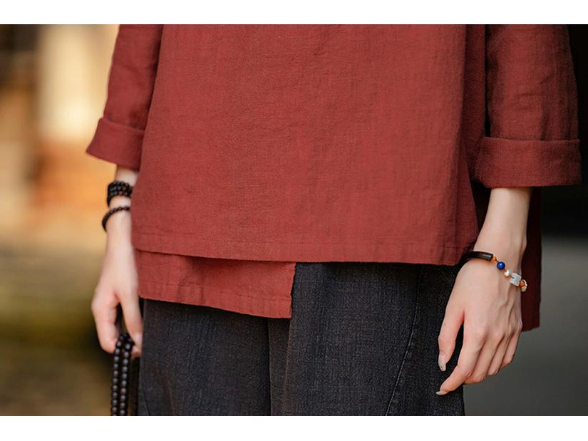 New Women's Cotton Linen Retro Stand Collar Shirt with Frog Buttons
