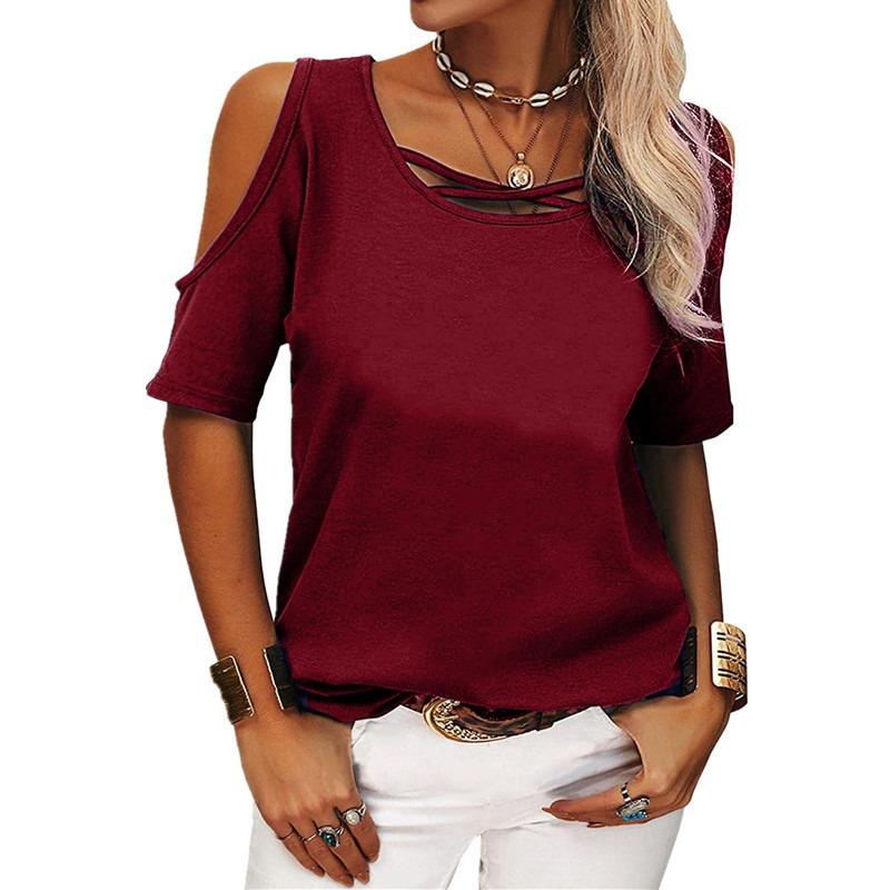 Off Shoulder Large Size Fashion Women Blouse Loose Casual Short Sleeve T-shirt for Women Solid Color O Neck Sweet Simple Office Basic Sweet Shirts