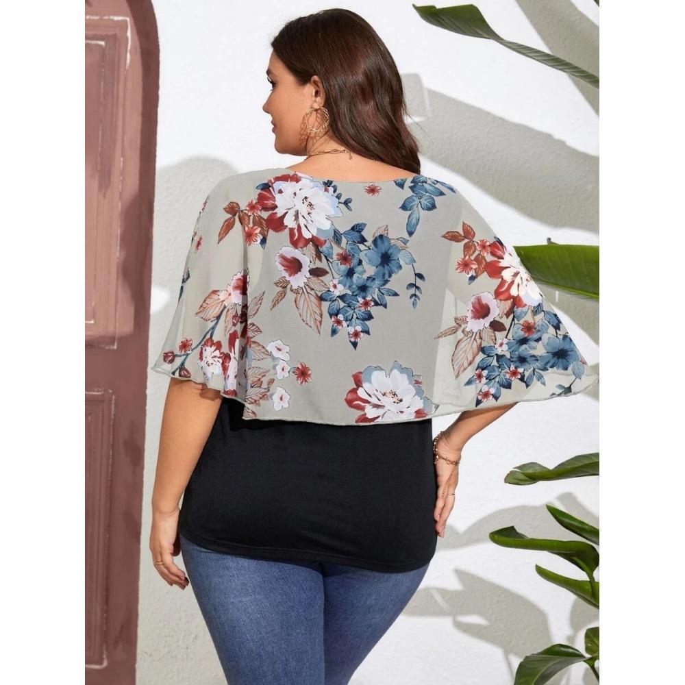 Plus Size Women's Chiffon Shawl Fake Two Piece T-Shirt