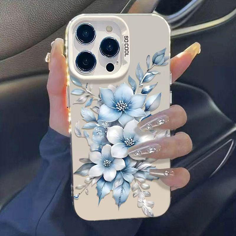 

Silver Shell Phone Case with Blue & White Floral Design for Apple 17/16/15 Pro, 14 Pro Max, 13/12/11/X iPhone 14 Pro