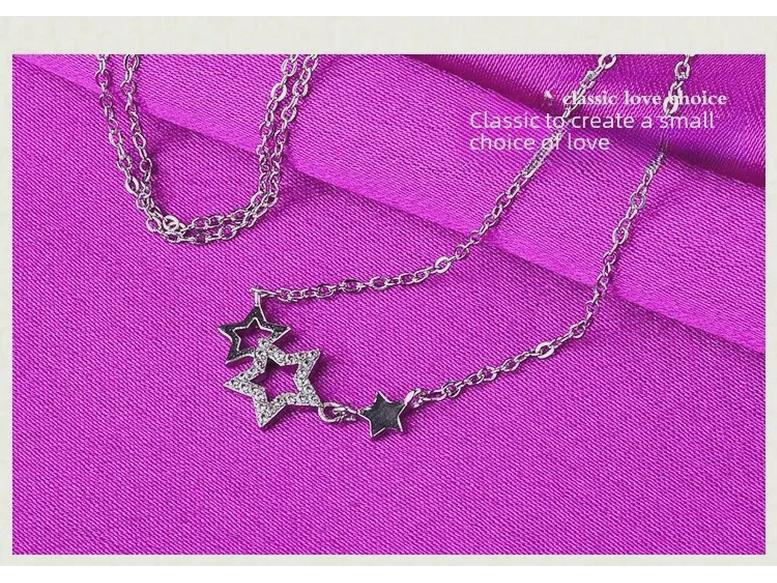 Silver-Plated Clavicle Necklace with Stone Stars - Cute Korean Jewelry Birthday Gift