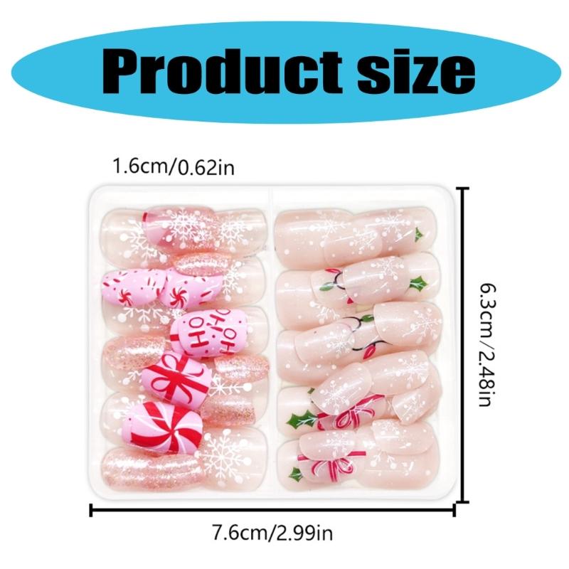 Holiday Festive Short Square Press On Nails Christmas Snowflake Sparkling False Nail French Tip 24Pcs Stick on Nail