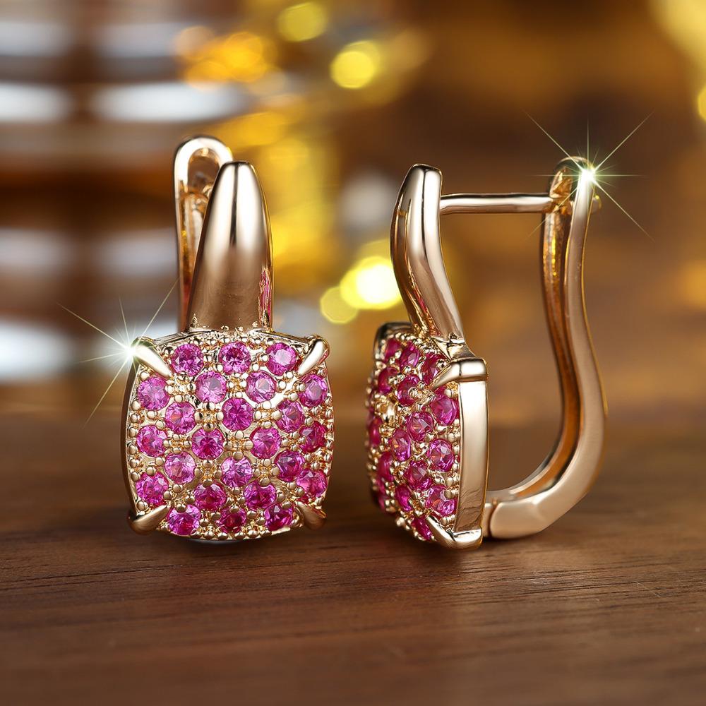 Charm Rose Red Zircon Square Drop Earrings for Ladies Luxury Gold Color Wedding Party Jewelry Gifts