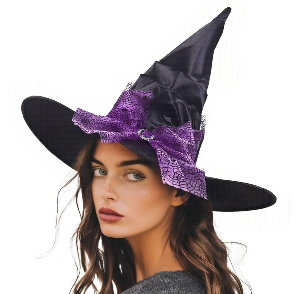 Folds Halloween Witch Hat Satins Wizard Cap Cool Mesh Bow Witch Hat  Dress Up