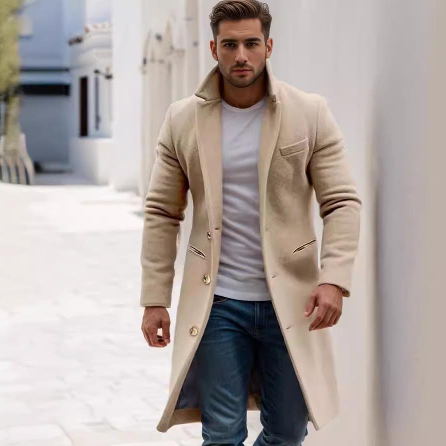 2024 Men's Mid-Length Woolen Coat: Autumn/Winter, Single-Breasted, Casual Commute, European Size