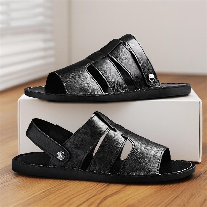 Men Handmade Simple Flats Sandals Summer Roman Sandals Retro Black Brown Leather Open Toe Beach Shoes Plus Size