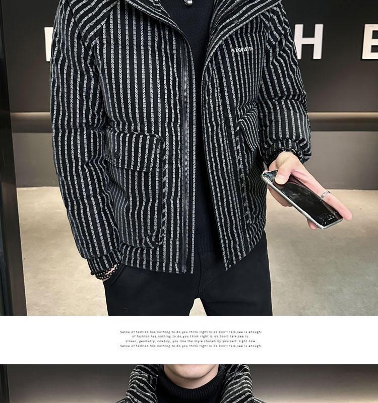 Trendy Brand Men's 2025 Winter White Duck Down Striped Puffer Jacket with Gold Thread and Soft Fur