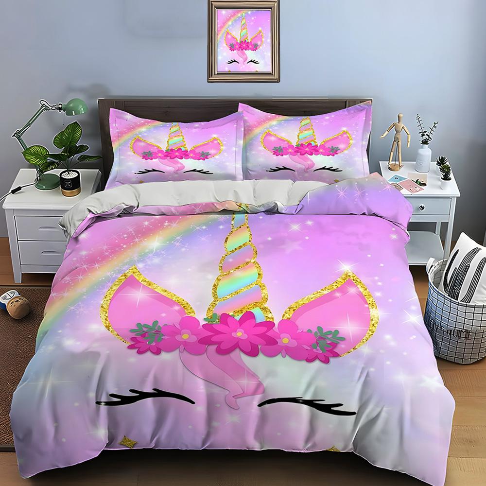 3PC Pink Unicorn Print Bedding Set Duvet Cover 1 Duvet Cover 2 Pillowcases Adult and Children Bedding Set Luxury To Girls Gifts