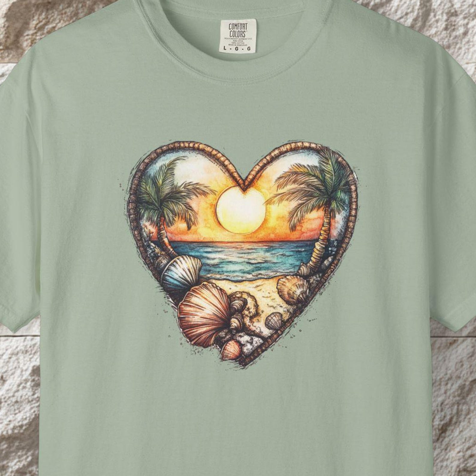 Tropical Heart Beach T-Shirt, Ocean Sunset Tee, Coastal Valentine Gift 2XL