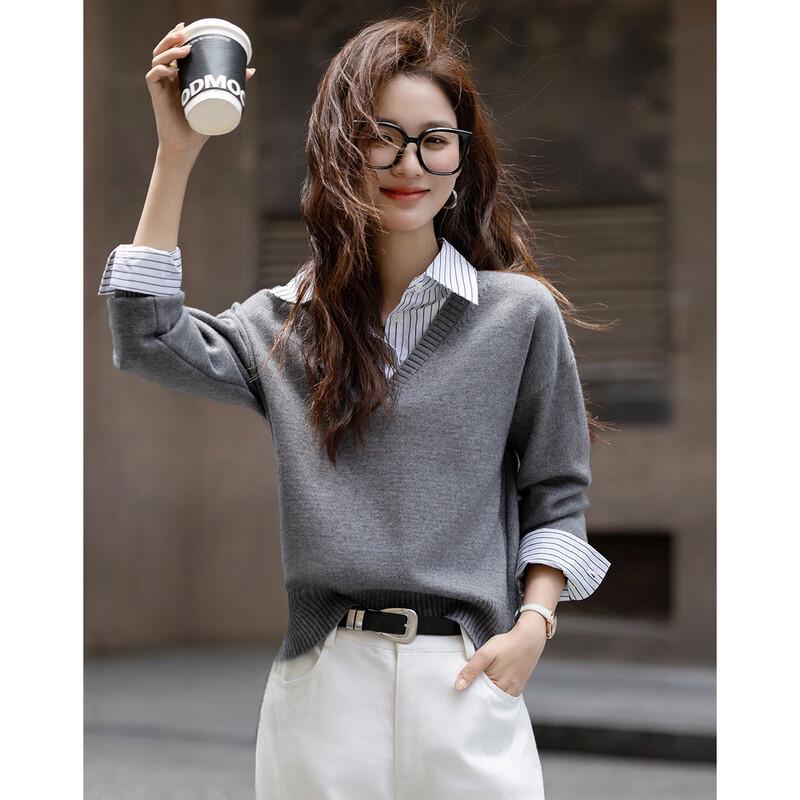 Demana Women's Scholarly Patchwork Lapel Knit Sweater