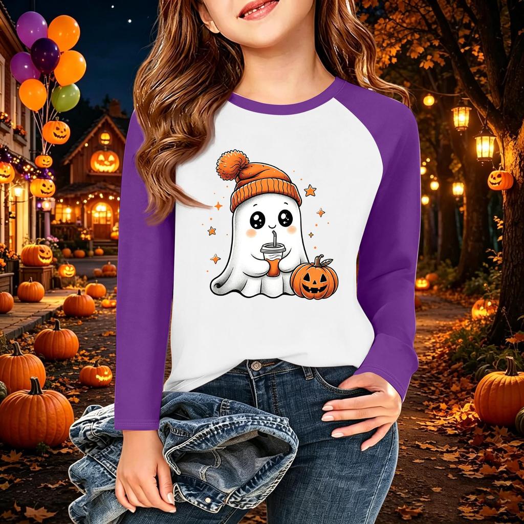Camiseta Infantil com Estampa de Halloween Manga Longa Casual Gola Redonda para Festa e Uso Diário