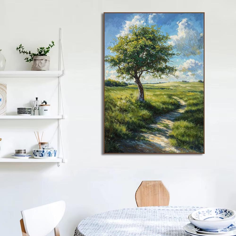 Cabana na Montanha Vista do Vale Caminho de Outono Prado de Verão Floresta de Árvores Nuvem Pôster Pintura em Tela Impressão para Sala de Estar Decoração de Casa