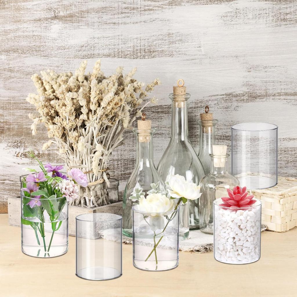 Vesici 20 Pcs Plastic Cylinder Vase Acrylic Cylinder Vase Bulk Small Clear Flower Container Hurricane Candle Holder Round Wide Container Centerpiece