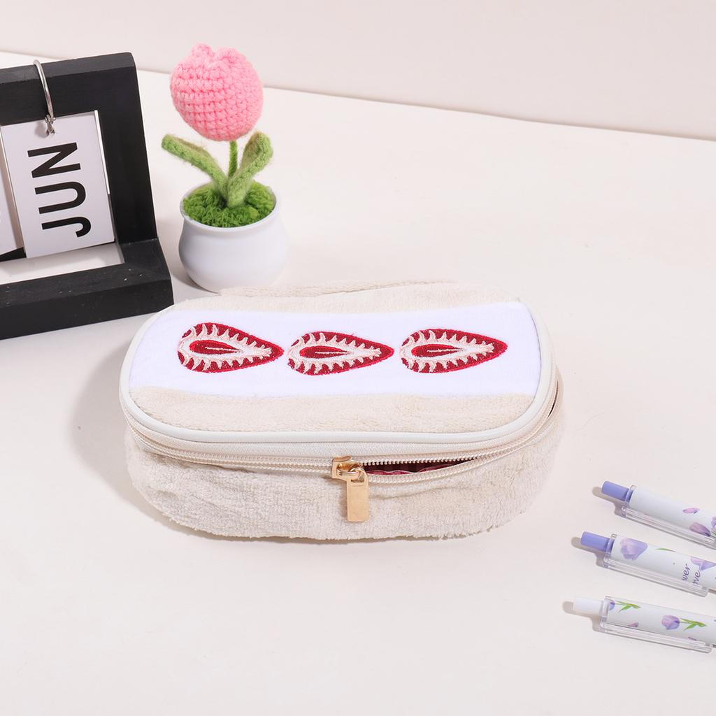 Cute Strawberry Embroidery Plush Pencil Pouch, Beige White Multi Pocket Girls Pen Bag Portable Cosmetic Storage Pouch