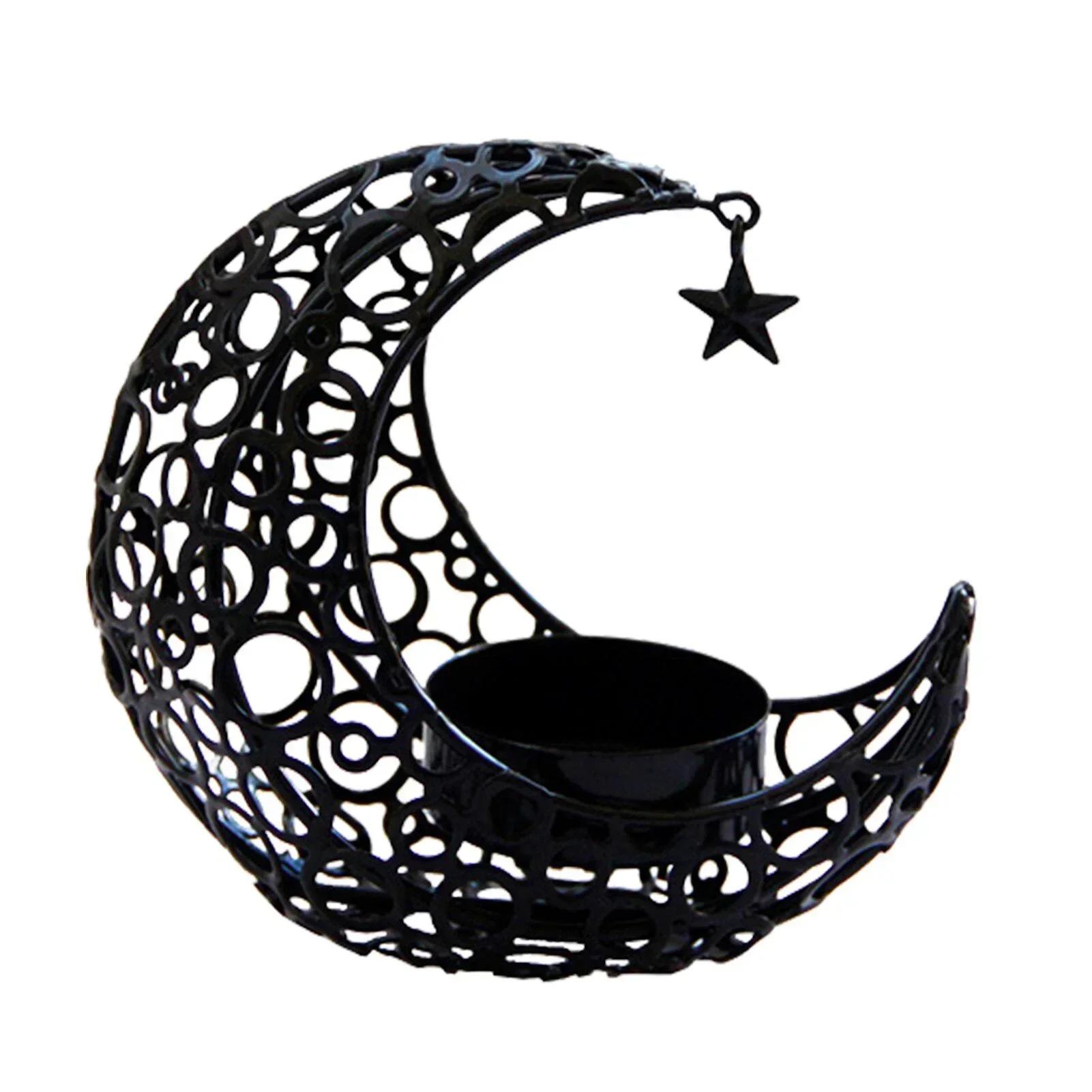 Home Fashion Creative Decor Crystal Pillar Candle Holders Moon Shaped Metal Candle Holders Moon Candle Stand Candlestick Holders чёрный