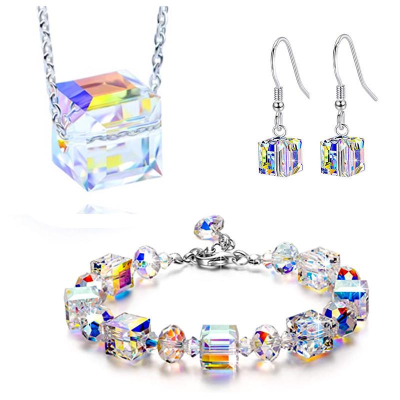 

European & American Austrian Crystal Jewelry Set: Bracelet, Necklace & Earrings