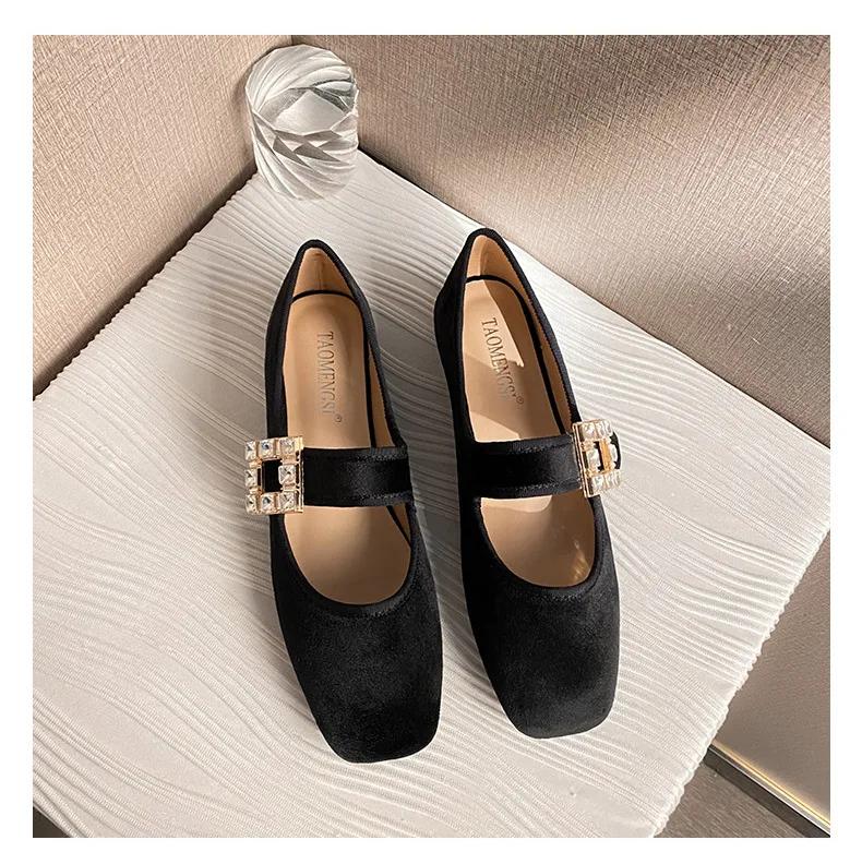 New Women Flat Shoes Girl Crystal Velvet Mary Jane Shoes Sweet Comfortable Slip-on Loafers Big Size 35-43