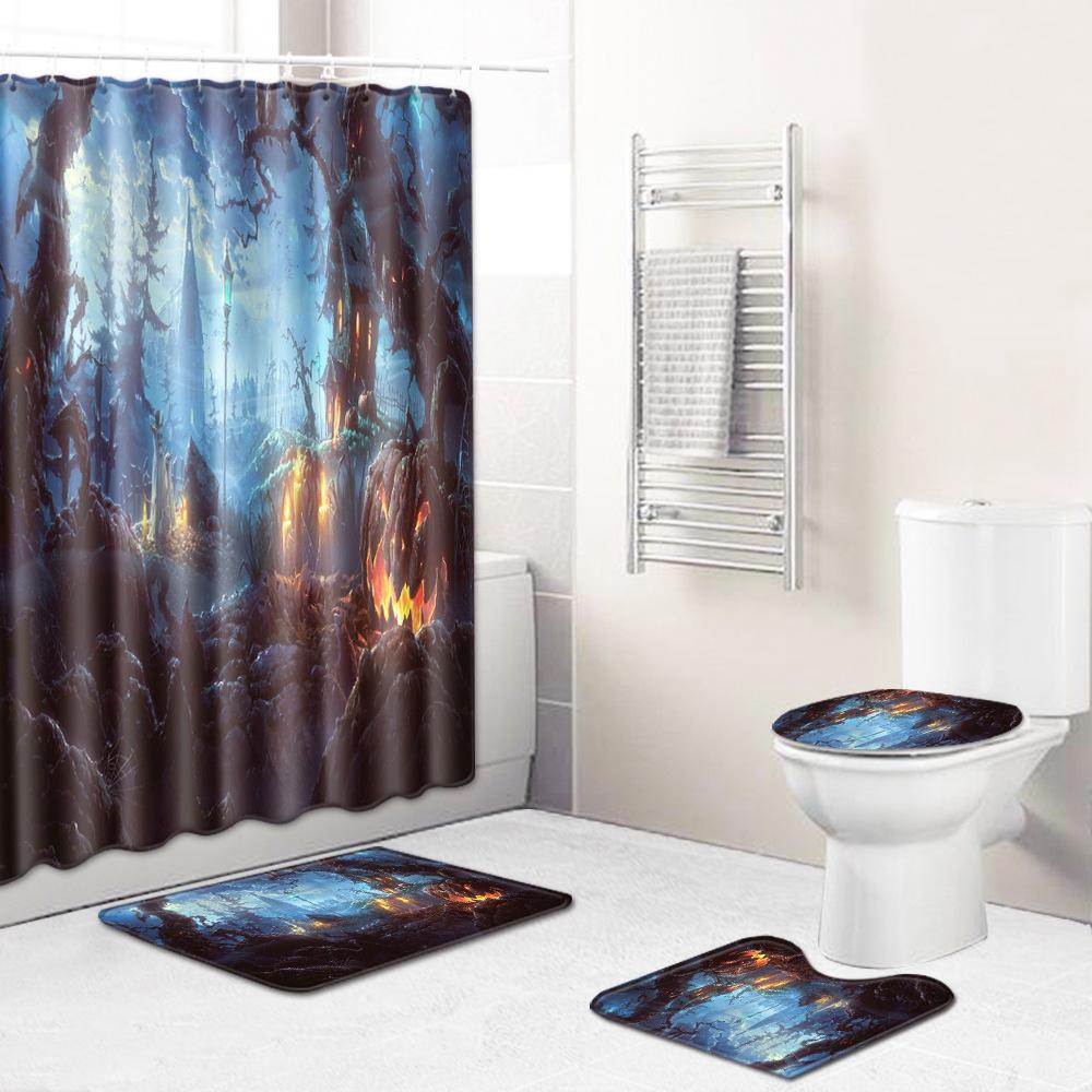 Halloween Series Bathroom Shower Curtain Floor Mat Toilet Cover Foot Mat Four-Piece Pattern Size