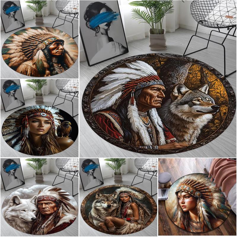 1Pc Apache Chief Circular Print Rug - home decoration Carpet For Living Room Bedroom Flooring Computer Chair Area Rug