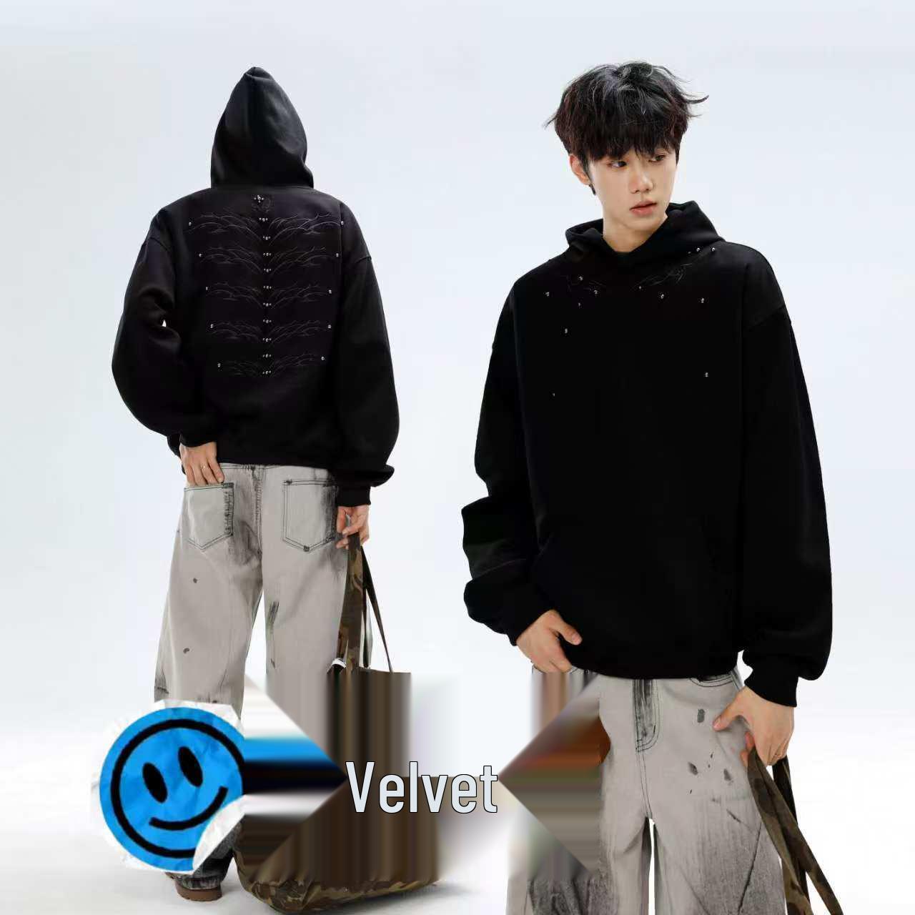 Unisex American Heavyweight Retro Fleece Hoodie with Beaded Embroidery XL чёрный
