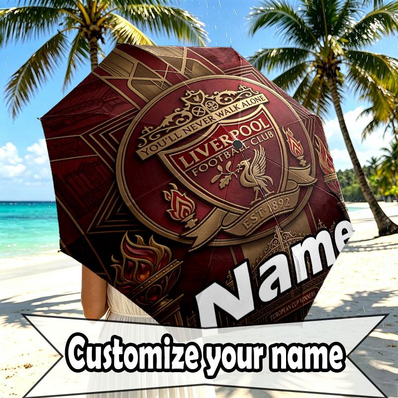 Custom Name Personalized Liverpool Football Club Print Umbrella, Auto Open Close, 8‑Rib Sturdy Frame, Commute Camping Hiking Use, Birthday Gift