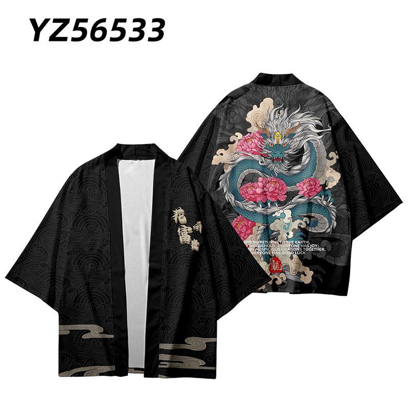 Men Japanese Anime Samurai Kimono Dragon Print Cosplay Haori Female Cardigan Yukata Shirt Summer Robe