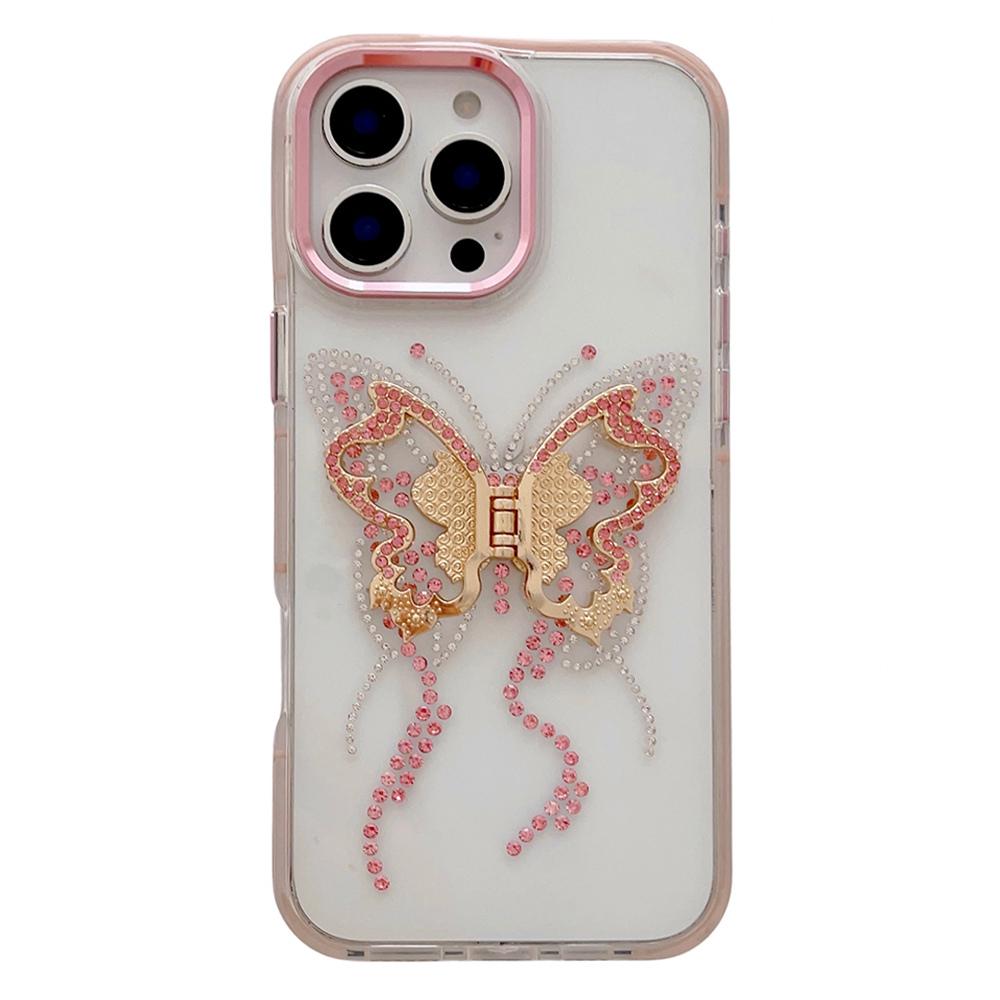 

For iPhone 16 Pro Case with Butterfly Kickstand TPU+PC Shockproof Phone Cover Pink