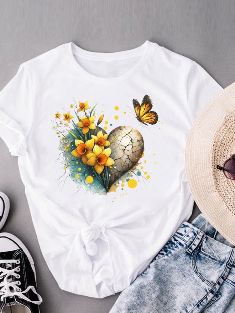 (Asian Size) Watercolor Butterfly Trend Print Casual Top O-neck Short Sleeve T-shirts T Graphic Tee Fashion Female Women's Clothing