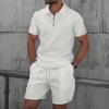 Men's Waffle Zipper Solid Color Short Sleeve Shorts Casual Suit